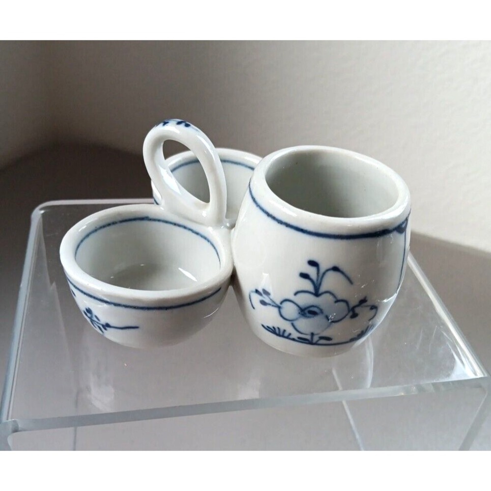 VTG German Blue White Porcelain Condiments Server Trio Handle Delft Style Floral - Picture 2 of 9